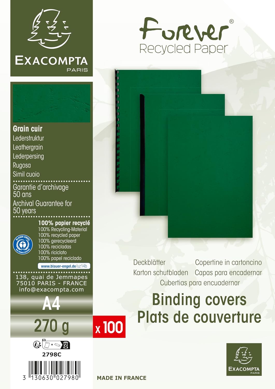 Forevcer A4 Recycled Rigid Presentation Covers, Leather Grain Effect, Dark Green, Pack of 100
