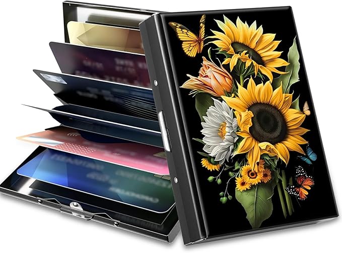 BWEGRHE Slim Credit Card Holder, Sunflowers Butterfly RFID Blocking Metal Wallet by BWEGRHE