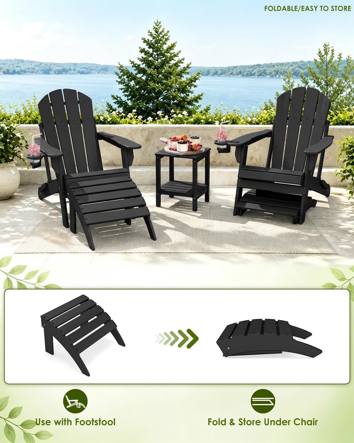 GREENVINES Adirondack Ottoman Set of 2, HDPE Plastic, Black