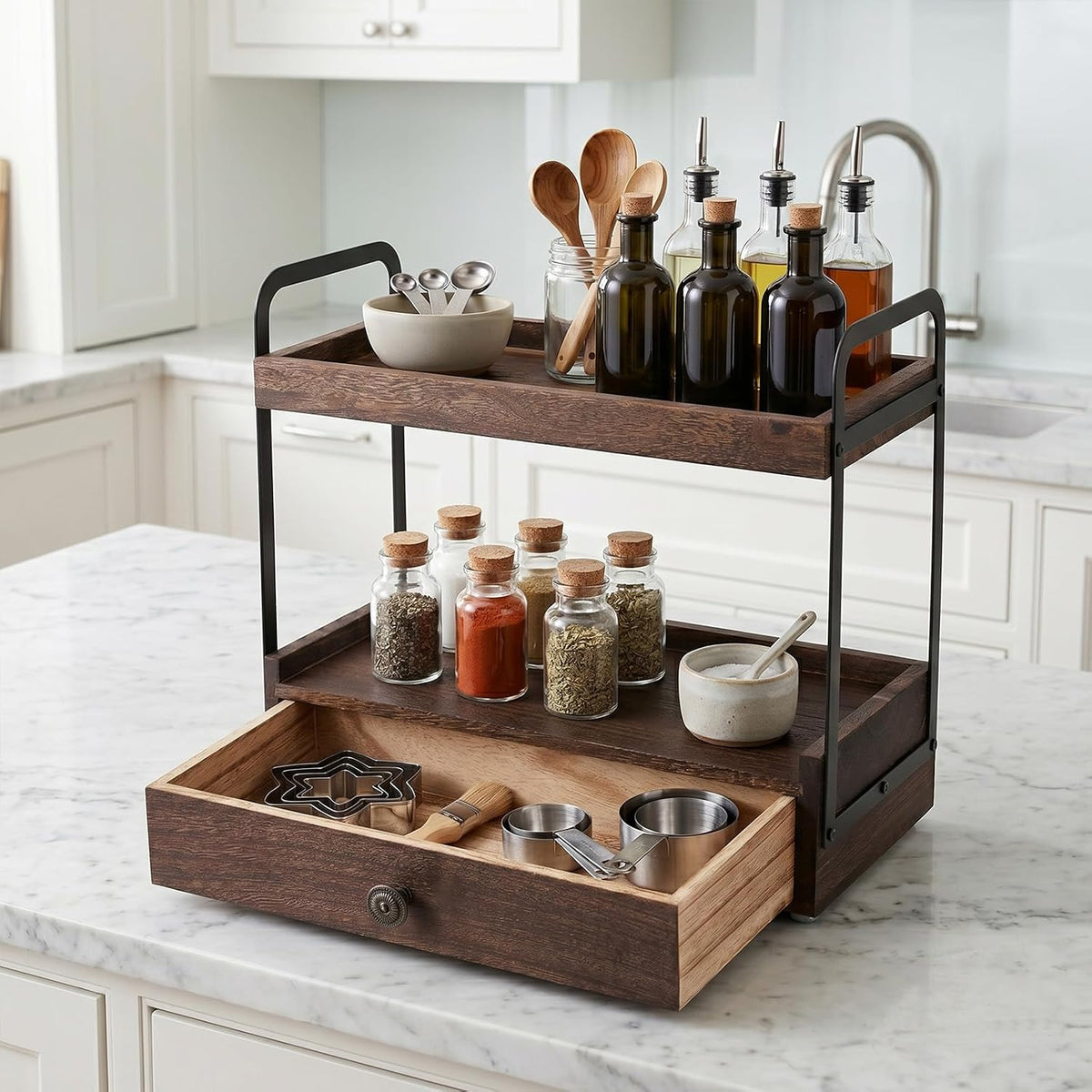 2-Tier Bathroom Counter Organizer with Drawer, Wooden Vanity Countertop Organ...