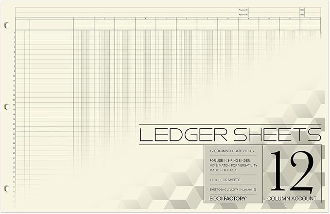 BookFactory Ledger Sheets/Large 12 Column Accounting Ledger Columnar Loose Leaf by BookFactory