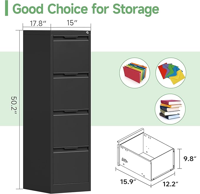 4-Drawer File Cabinet with Lock, Metal Vertical Filing Cabinets - Image 3