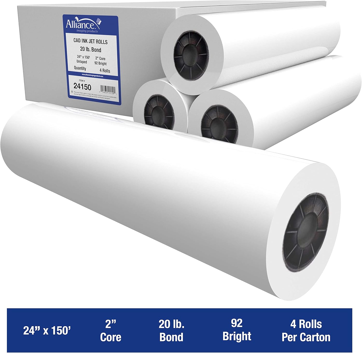 Alliance Wide Format Paper 24" x 150' CAD Bond Rolls (20lb | 4 Rolls, 24 In x 150 Ft | 2" Core)