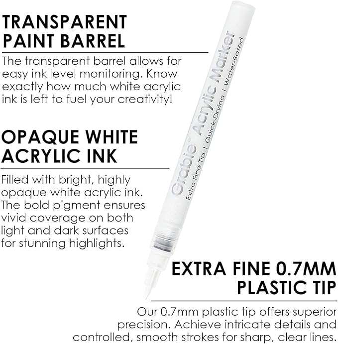 Grabie 6 White Extra Fine Tip Acrylic Paint Marker Set, 6 Pack, 0.7mm Acrylic - Image 3