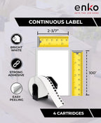 enKo DK-2205 12 Rolls Continuous Direct Thermal Labels | 2.4 in x 100 ft | 4 Refillable Cartridge Frames, Cut-to-Length, Compatible with Brother QL Label Printers QL-800, QL-820NWB QL 810W