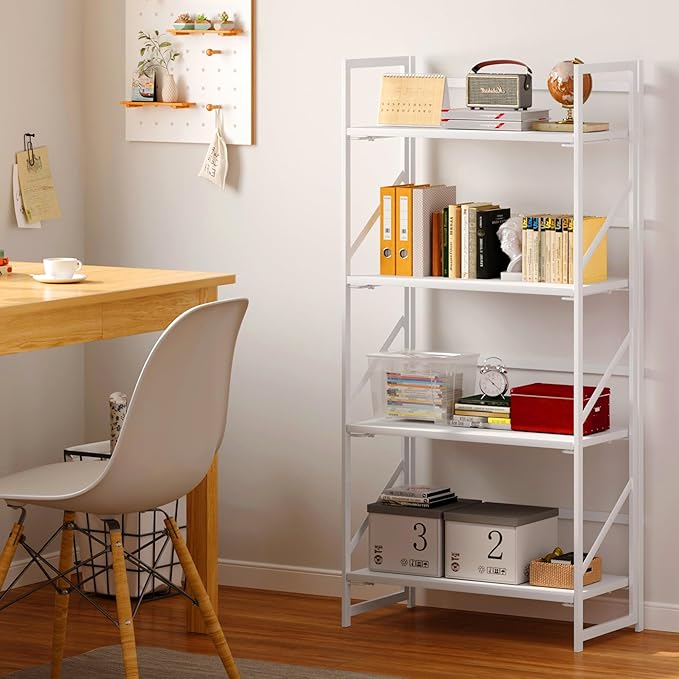 JSB No Assembly Folding Bookshelf, 4 Tier Industrial Metal Book Shelf - Image 5