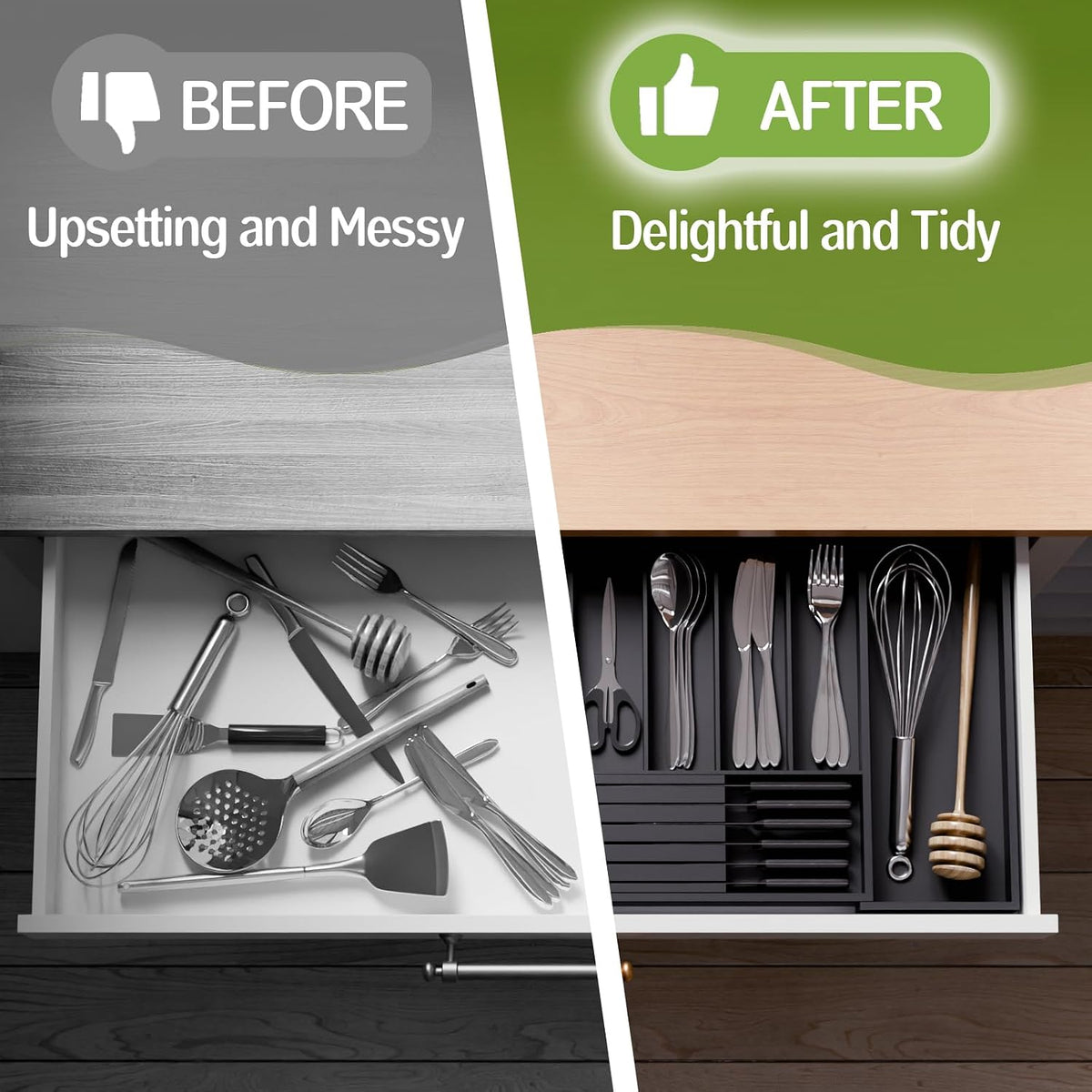 Bamboo Kitchen Silverware Drawer Organizer - Expandable Wood Utensil Holder w...