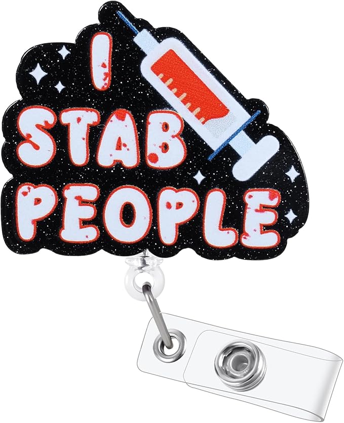 I Stab People Funny Nurse Badge Reel, Retractable ID Card Phlebotomist Badge by BVIIE