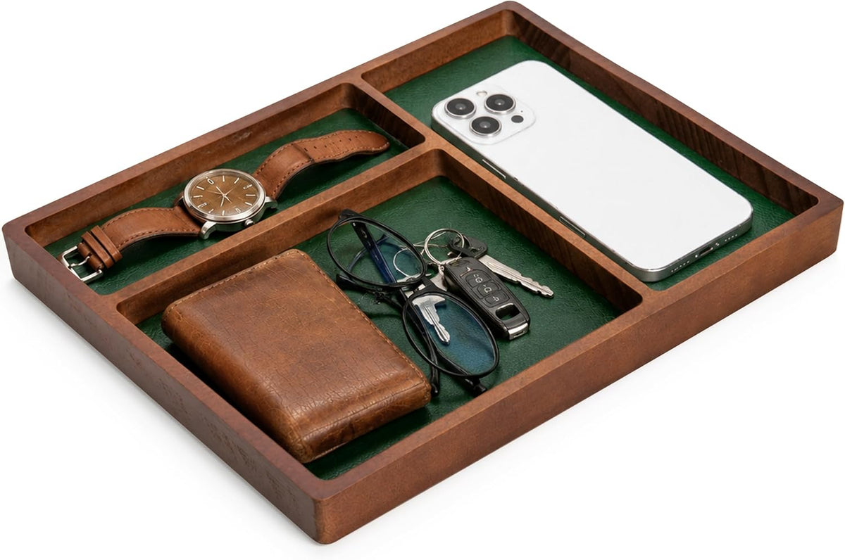 ReeKi Solid Wood Valet Tray | 3 Slot Desk Drawer Organizer