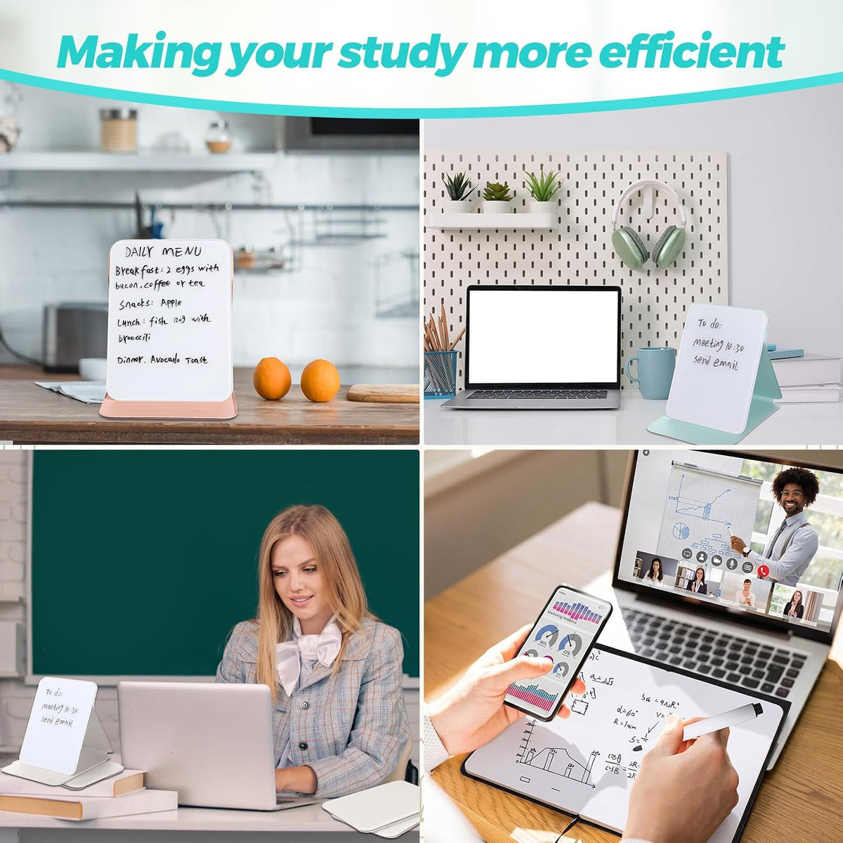 Dunzoom 4 Sets 8 Pcs Small Glass Desktop Whiteboard with Reversable Stand 8x6...
