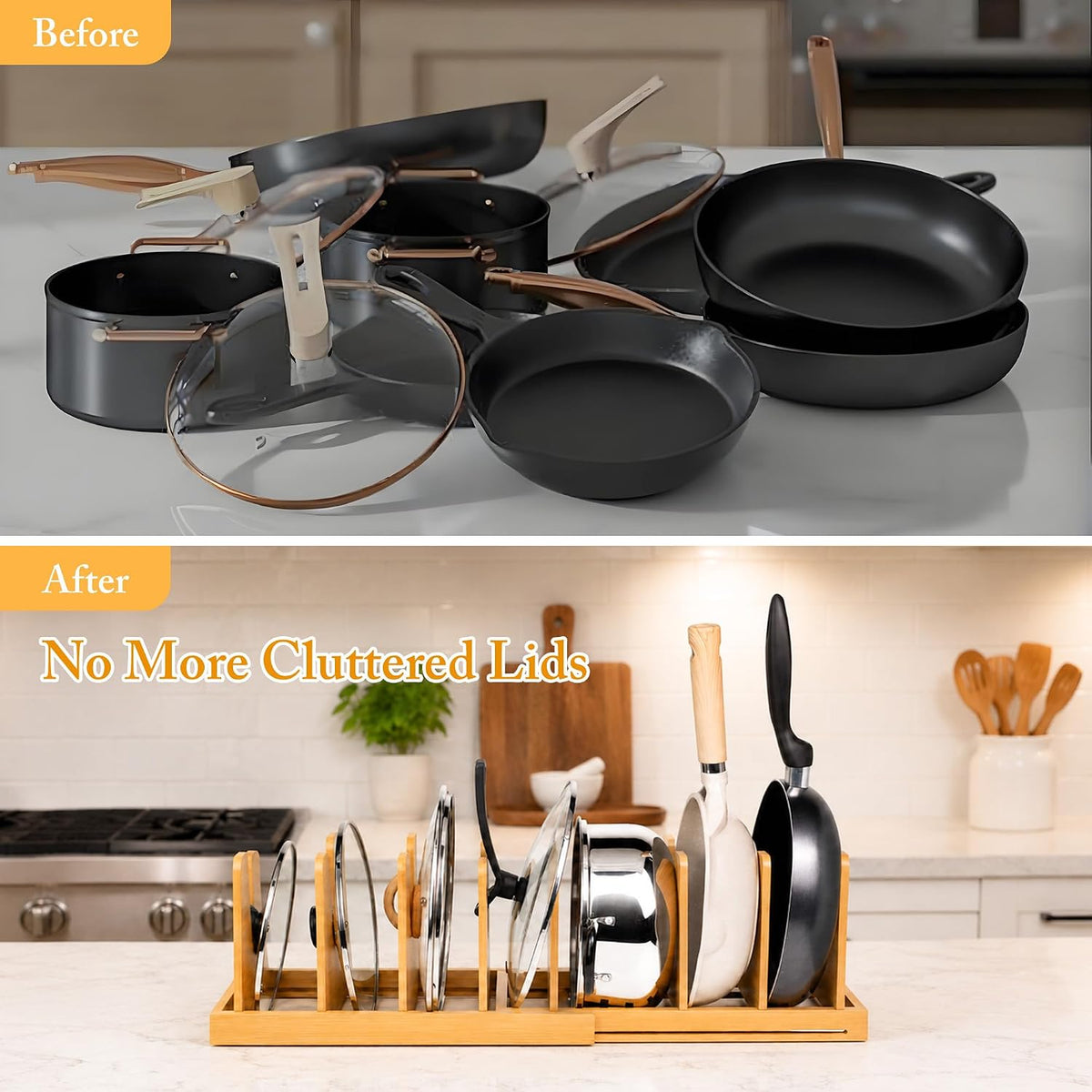 MinBoo Bamboo Expandable Pot Lid Organizer, Pot and Pan Organizer Drawer Orga...
