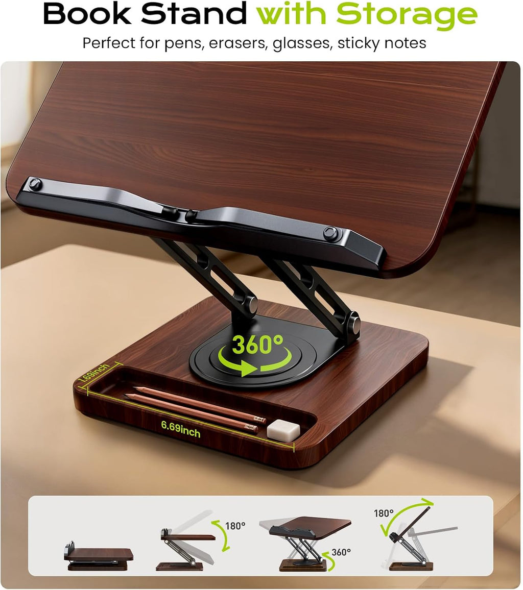 LOXP Book Stand with Storage, 360° Rotating Cookbook Stand, Ergonomic | Adjustable height angle,Hands-free, anti-slip base, Elastic Page Clips for Laptop Tablet, Foldable for Kitchen School