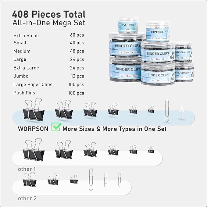 WORPSON 408 PCS Binder Clips Paper Clamps Assorted Sizes and Push Pins - Image 4