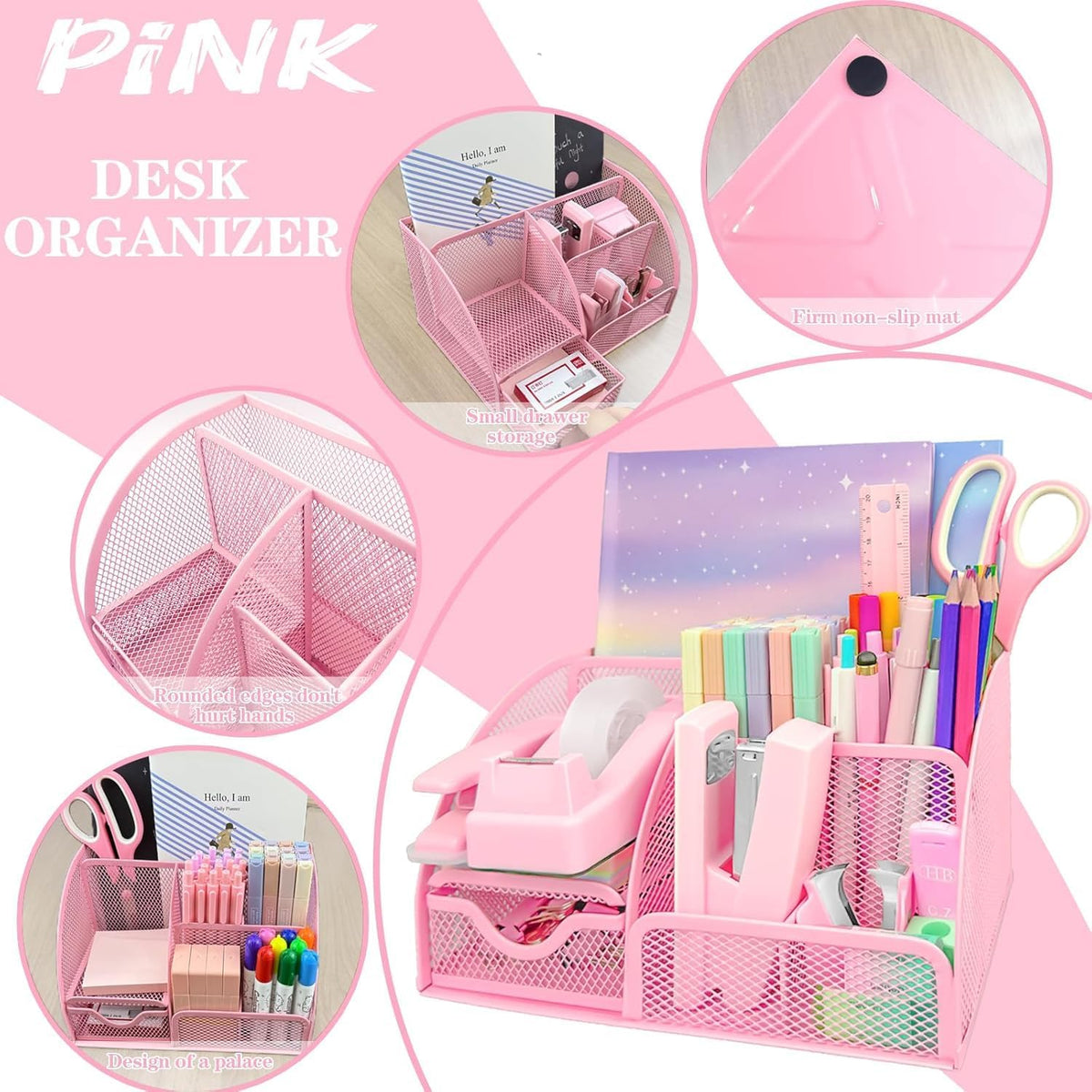 Pink Office Supplies, 17Pcs Pink Desk Accessories Set Include Stapler, Mesh D...