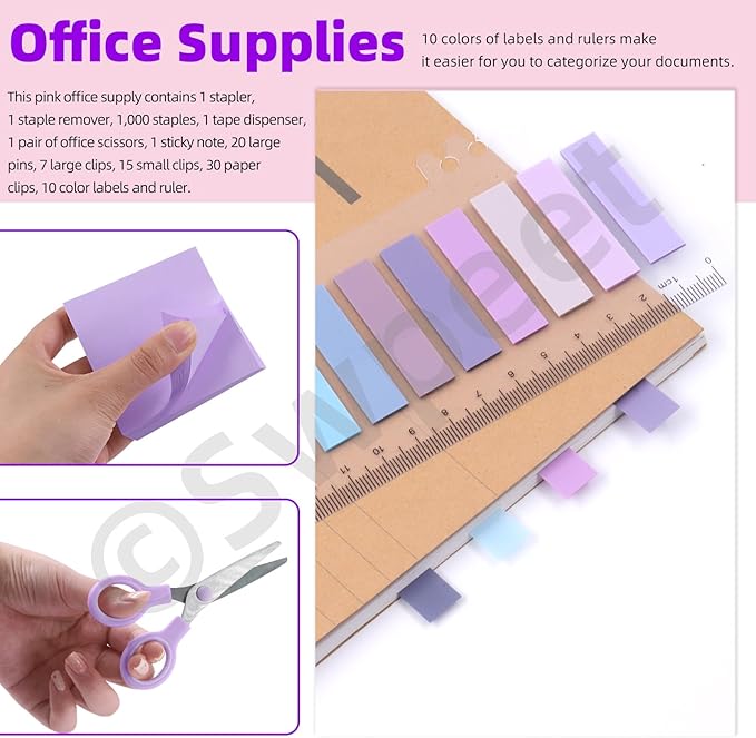 Swpeet 9Pcs Purple Office Supplies Kit, Desk Accessories Including Stapler - Image 4