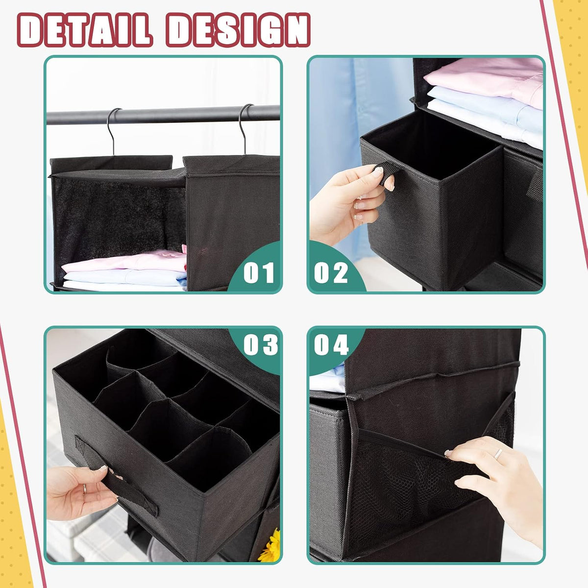 6-Shelf Hanging Closet Organizer with 5 Drawers, Non-Woven Storage, Black