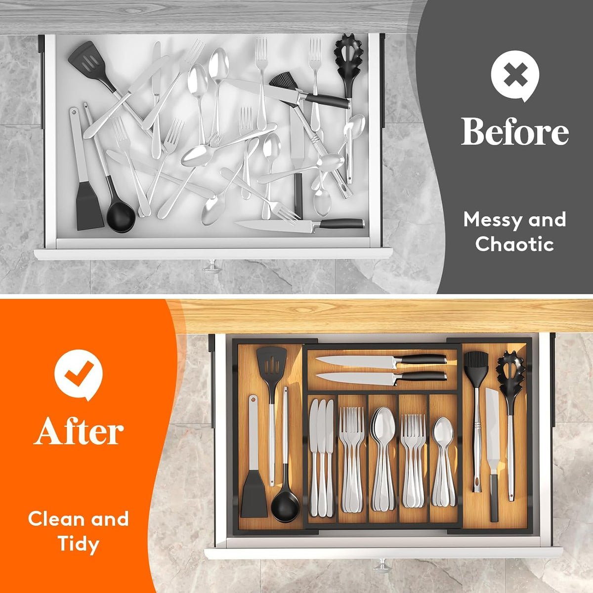 Lifewit Silverware Drawer Organizer, Wooden Utensil Tray for Kitchen