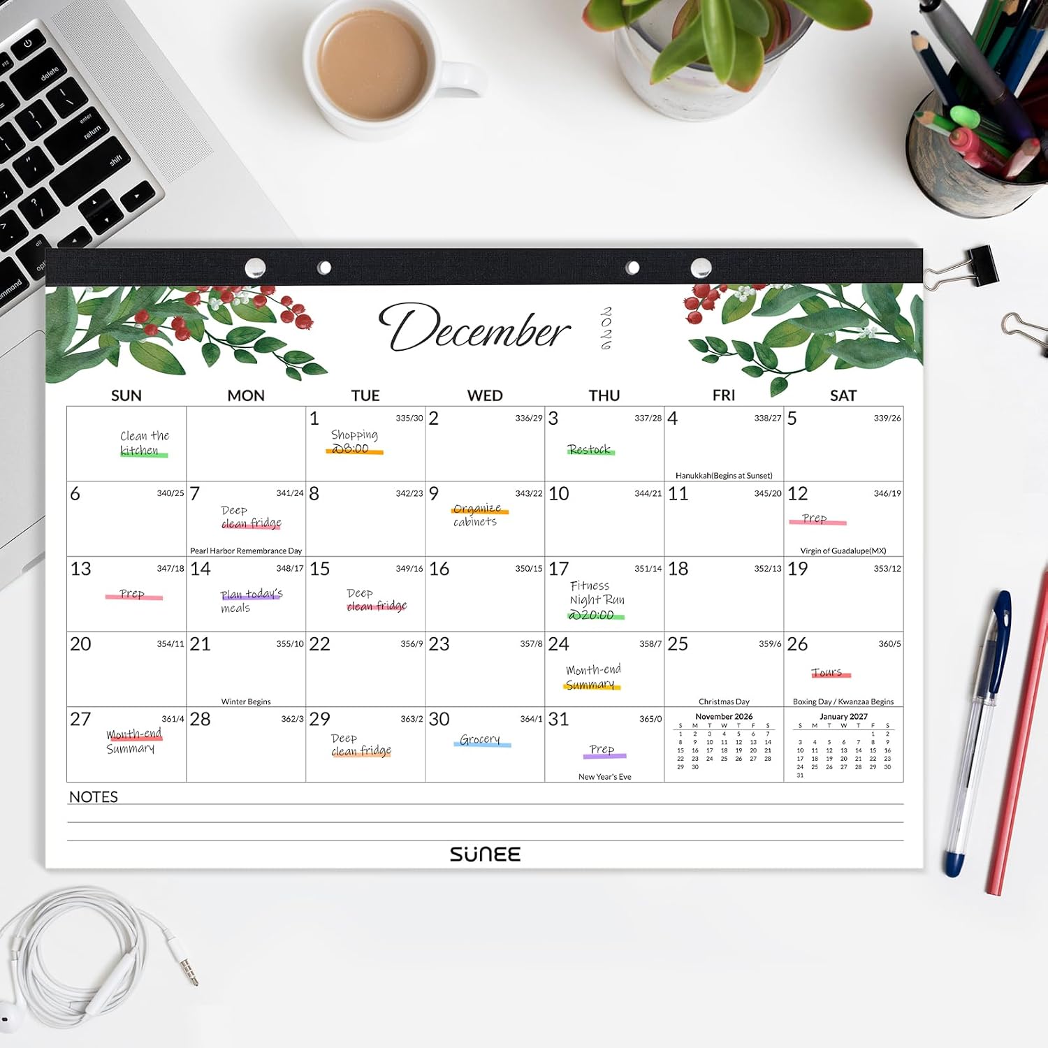 SUNEE Desk Calendar 2026-2027 17" x 12", 18 Month Calendar Jul. 2026 - Dec. 2027, Calendar 2026-2027 With Notes, for Planning, Organizing in Family, School or Office - Greenery