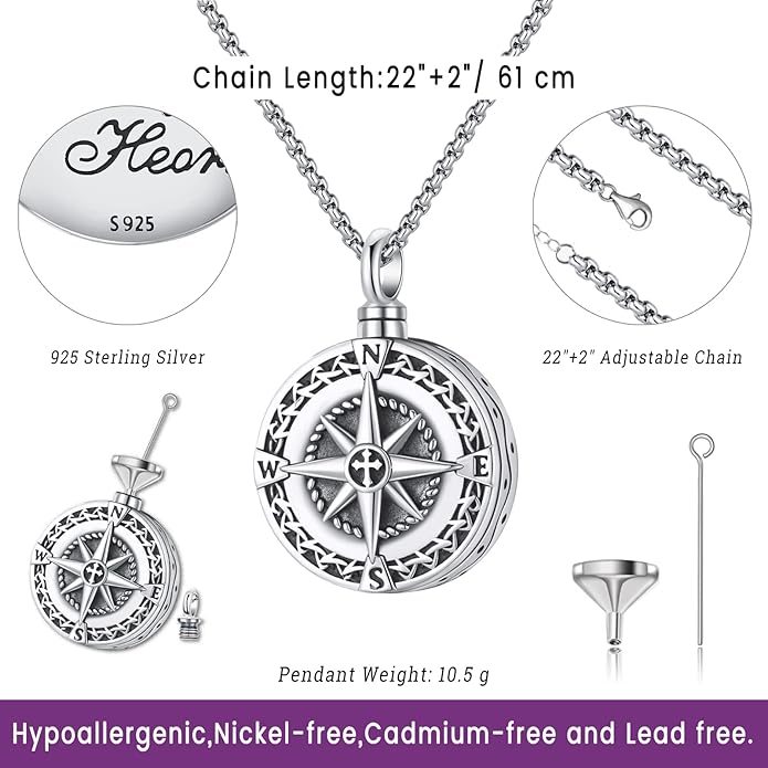 Compass Necklace for Women Men 925 Sterling Silver Pendant Urn Necklaces for - Image 3