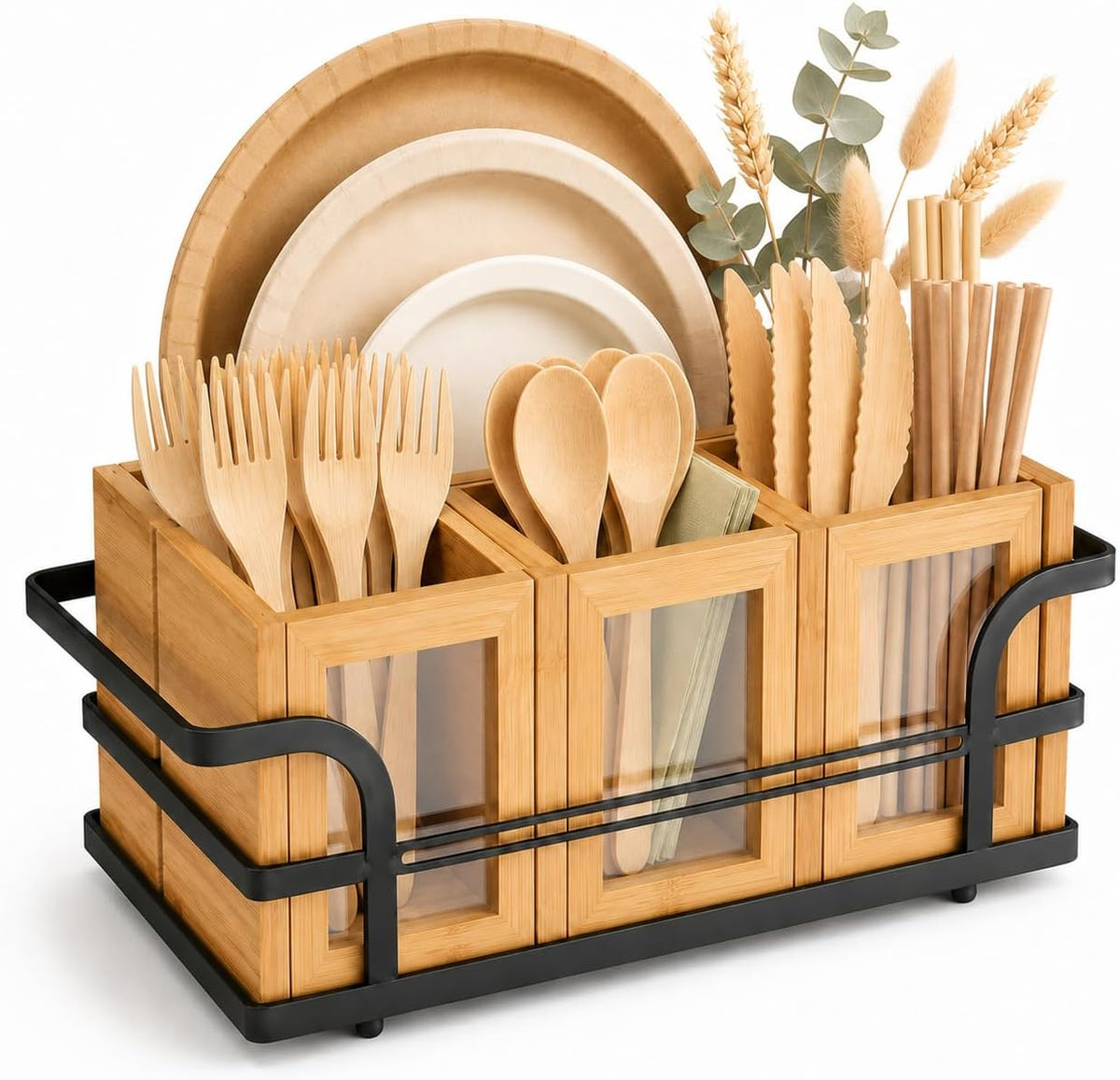 Bamboo Silverware Caddy with Paper Plate Holder, Utensil Organizer for Forks,...