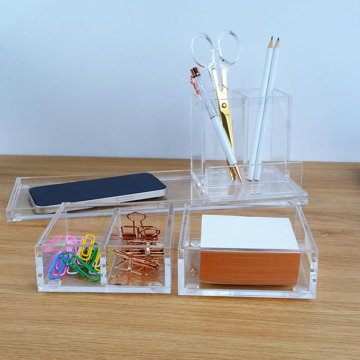 Clear Acrylic Desk Organizer 4-Piece Desk Kit + Free Complimentary Acrylic Ru...