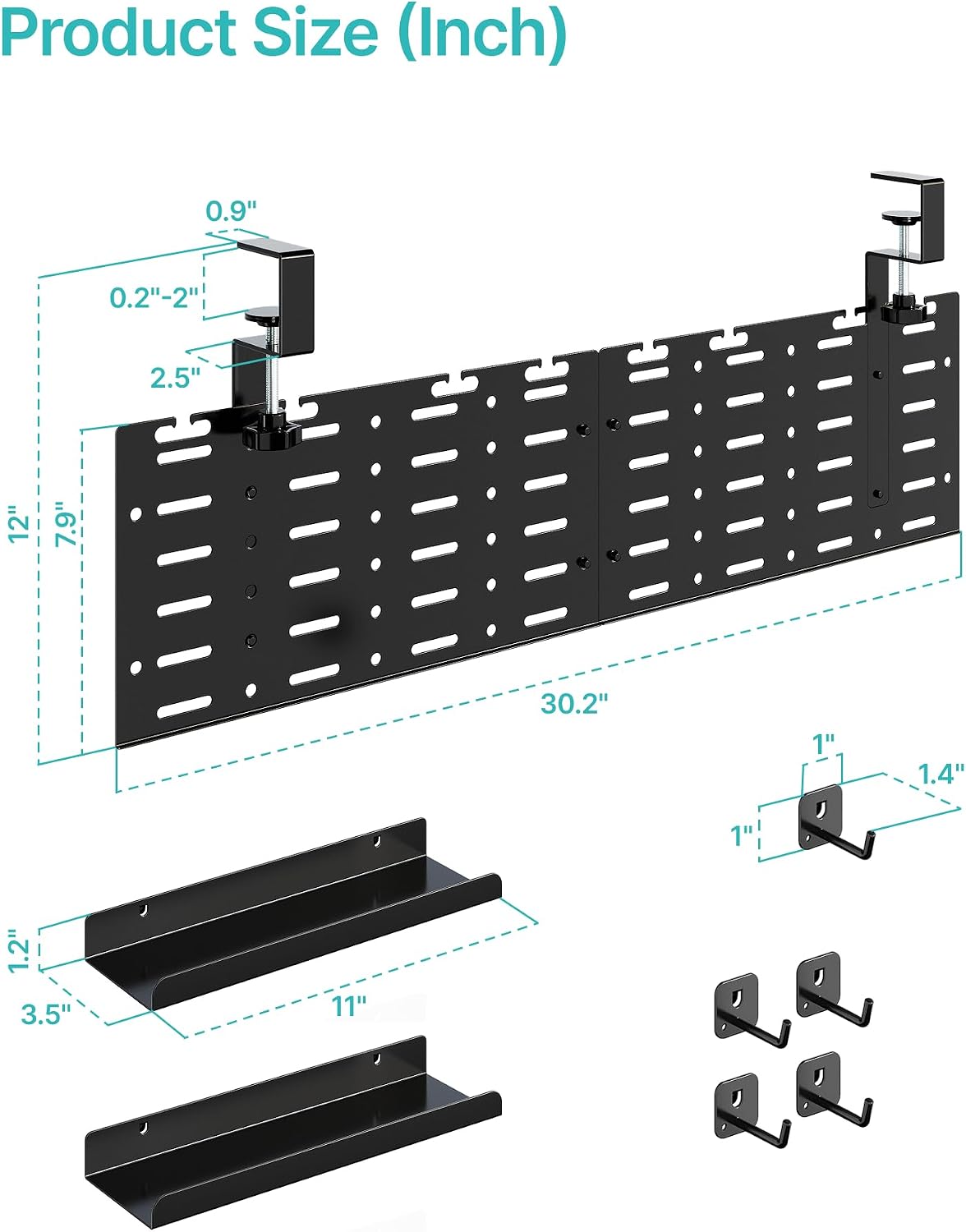 PEGZONE Under Desk Cable Management Tray, 30.2" No-Drill C-Clamp Pegboard