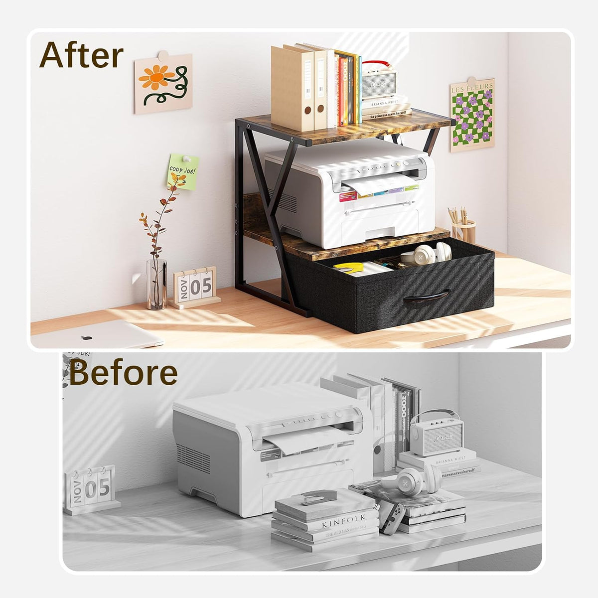 aboxoo Printer Stand for Desk with Storage Drawer, 2 Tier Desktop Or UnderDes...