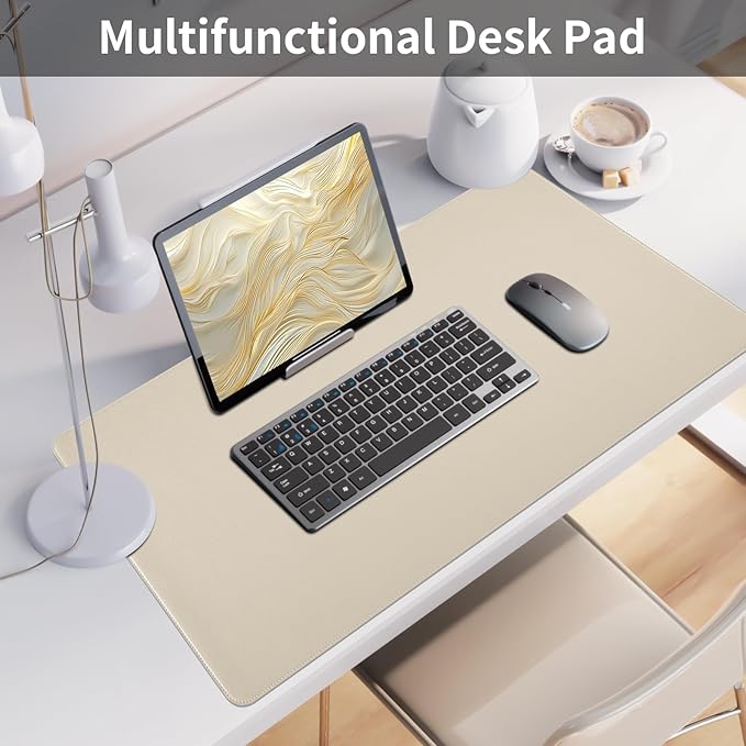 Beige Desk Mat with Stitched Edges, 31.5"×15.7" Keyboard Pad, Non-Slip Desk - Image 6