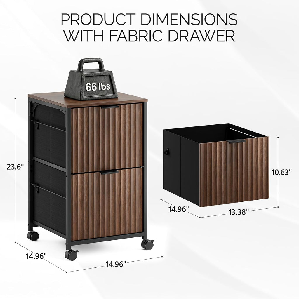 Bonnlo 2 Drawer Mobile File Cabinet, Rolling Fluted Filing Cabinet Under Desk File Cabinet with Wheels, Fabric Drawers Printer Stand for Home Office, Fits Letter Size, Walnut