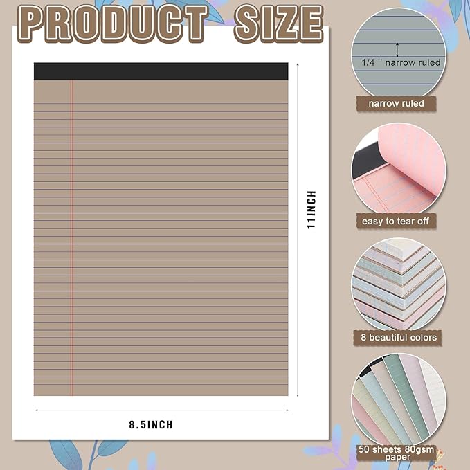 Fuutreo 8 Pcs 8.5'' x 11'' Colored Legal Pad Writing Pads Narrow Ruled 50 - Image 2