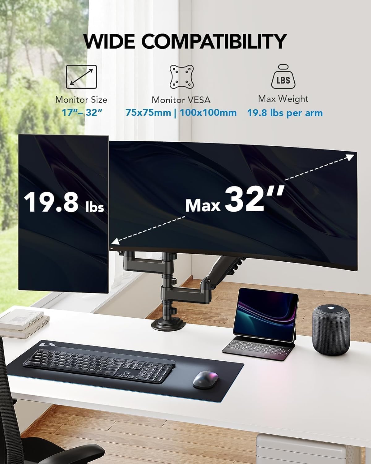 huanuo 17-32 inch dual monitor stand, stacked monitor shown in use