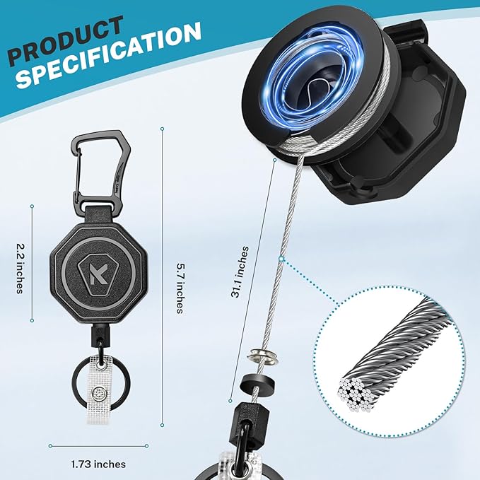 koorito 1 Pack Heavy Duty Retractable Keychain Clip Carabiner Badge Reel - Image 3