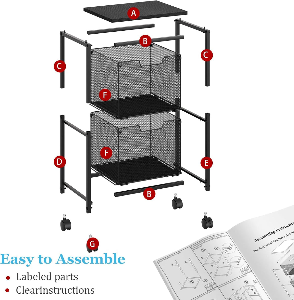 Sbanmao Rolling File Cart with 2 Storage Drawers, Mobile File Cabinet with Wh...