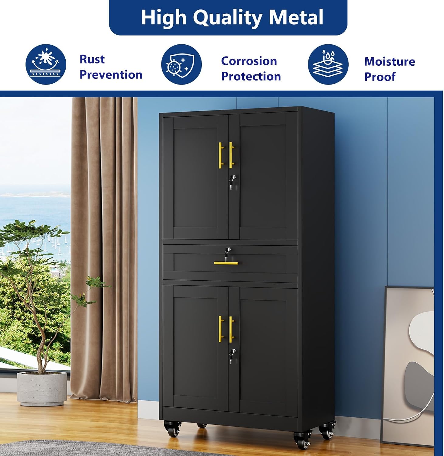 Ckzbx Metal Garage Storage Cabinet with Locking Drawers and Adjustable Shelves,71" H Rolling Tool Storage with Wheels for Garage,Office (Black)