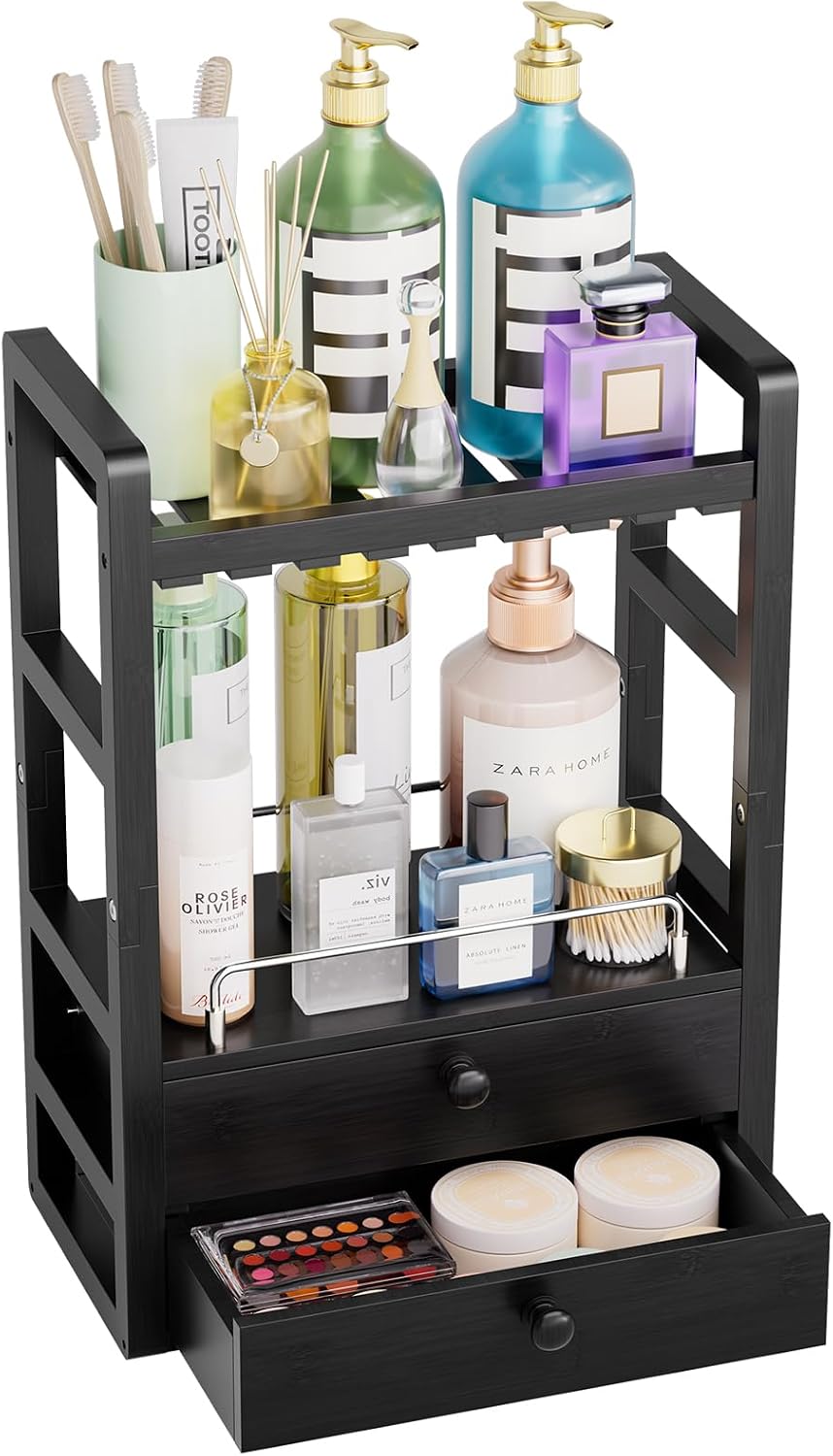AmazerBath Bamboo Bathroom Counter Organizer, 2-Tier Makeup Organizer with 2 ...