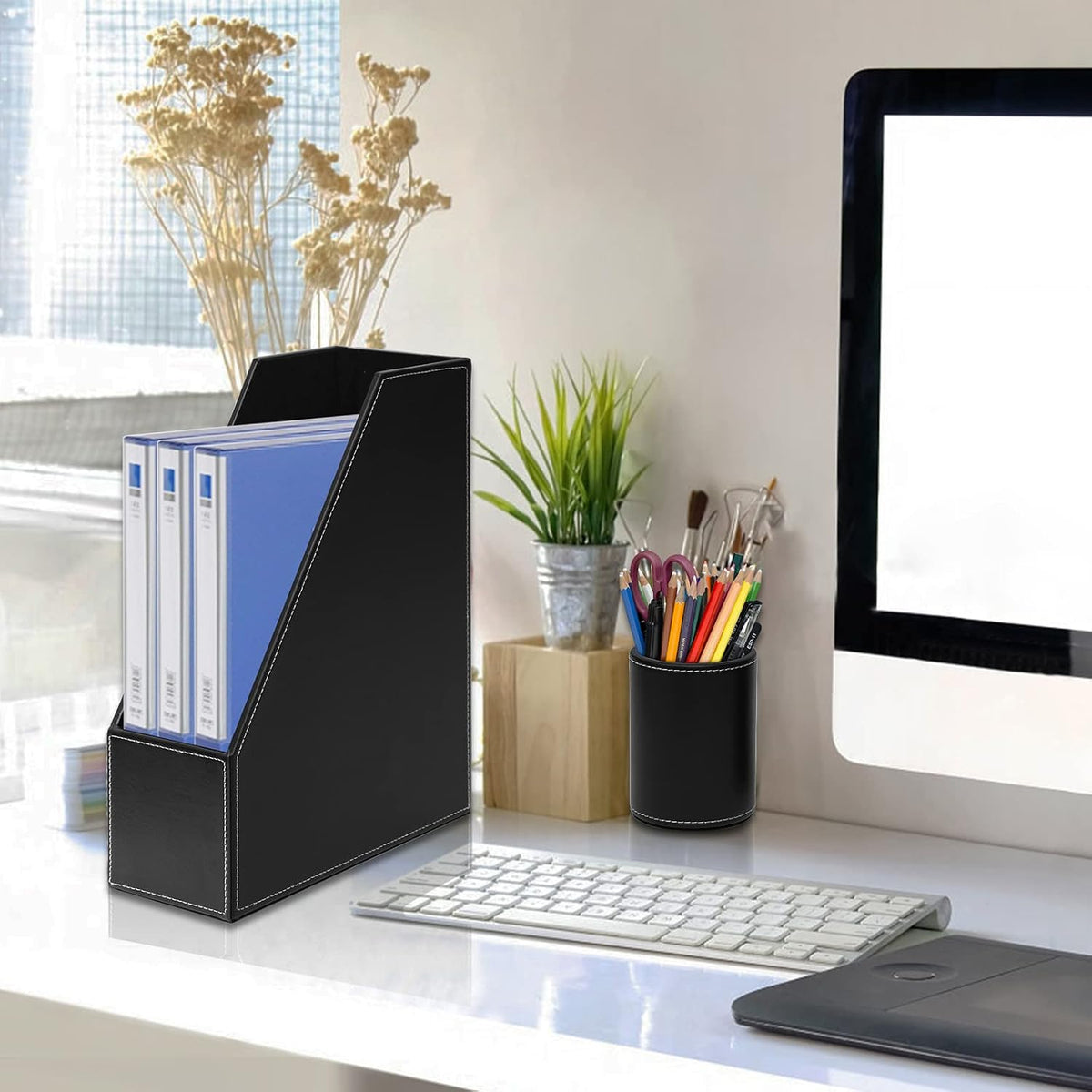 6 piece office supplies/desk organizer set with desktop, close-up detail