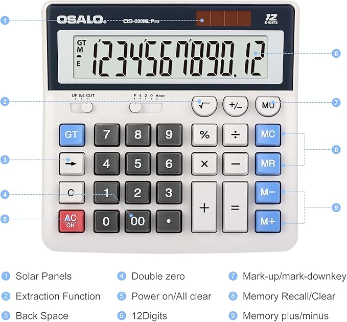 OSALO Desktop Calculator Extra Large Display 12 Digits Big Buttons Solar - Image 6