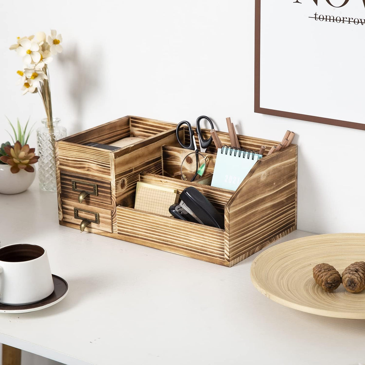 Distressed Rustic Wooden Office Desktop Drawers Organizer Wood Shelf Tabletop...