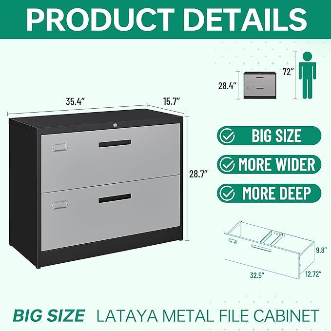 Letaya File Cabinet with Lock-Lateral 2 Drawer Metal Filing - Image 3