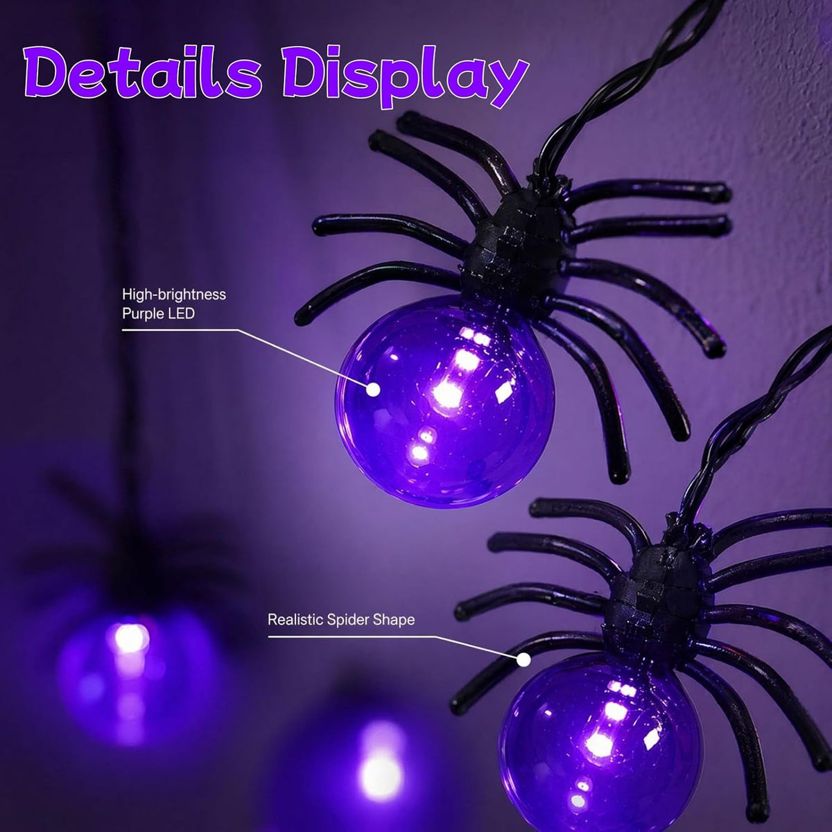 Halloween Lights Outdoor/Indoor,20FT 40LED Purple Spider String Lights