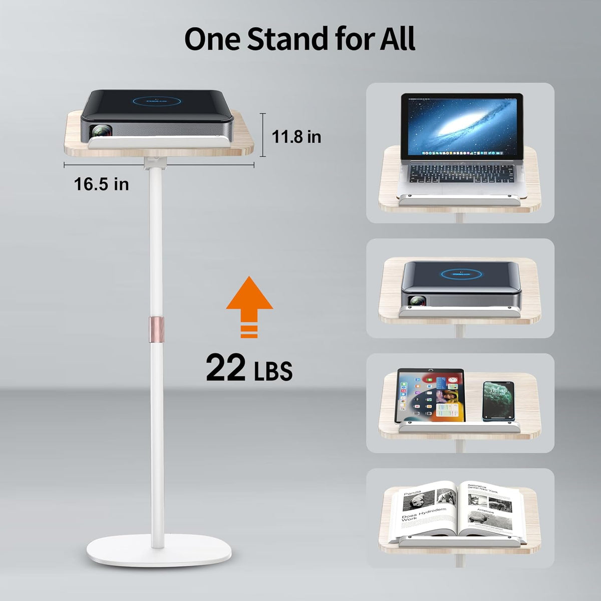 2-in-1 Floor Music Stand & Desktop Book Stand, 16.5"–51" Height Adjustable | Premium Wood Panel, Floor Reading Stand with Page Clip for Sheet Music, Cookbooks & Projector (White, 11.8" × 16.5" Panel)