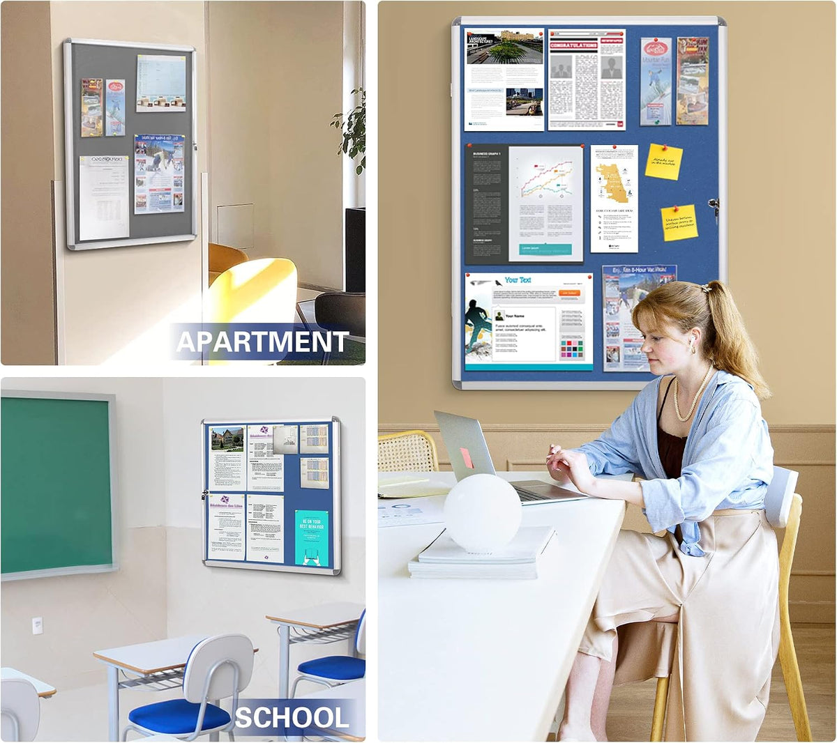 SWANCROWN 20x14 in Enclosed Bulletin Board, Lockable Noticeboard, Grey Felt