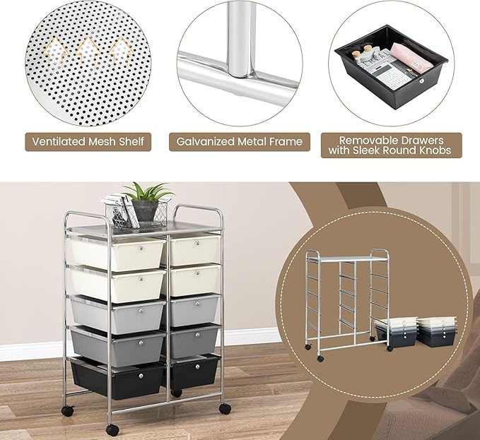 LDAILY 10 Drawer Rolling Cart, Storage Cart Organizer on Wheels, Drawer Cart - Image 7