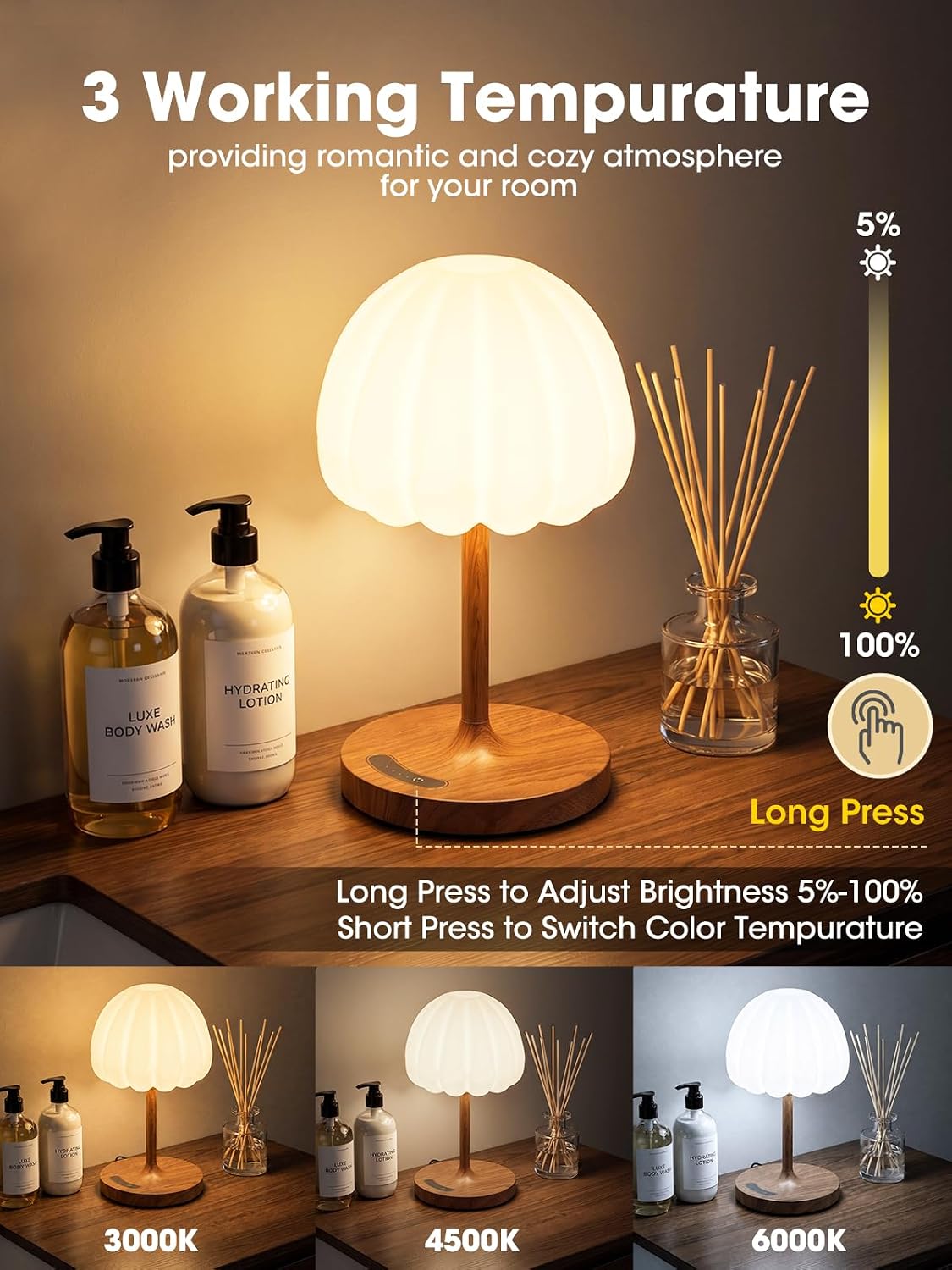 LAVAED Cordless Table Lamp,Battery Operated Bedside Lamp 3 Color Dimmable Lig...
