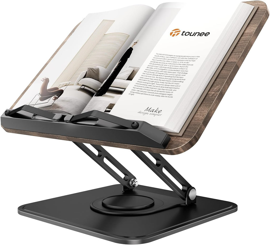 Tounee Book Stand, 360° Rotating Reading Book Holder, Adjustable Cookbook Holder for Reading Hands-Free, Foldable Desktop Recipe Book Stand with Protective Page Clips, Fits All Books - Black
