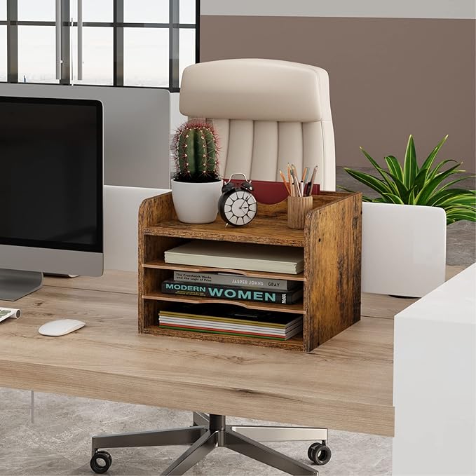 Snughome Vintage Wood File Organizer Desktop, 13.7‘’ Document Letter Mail Tray - Image 2