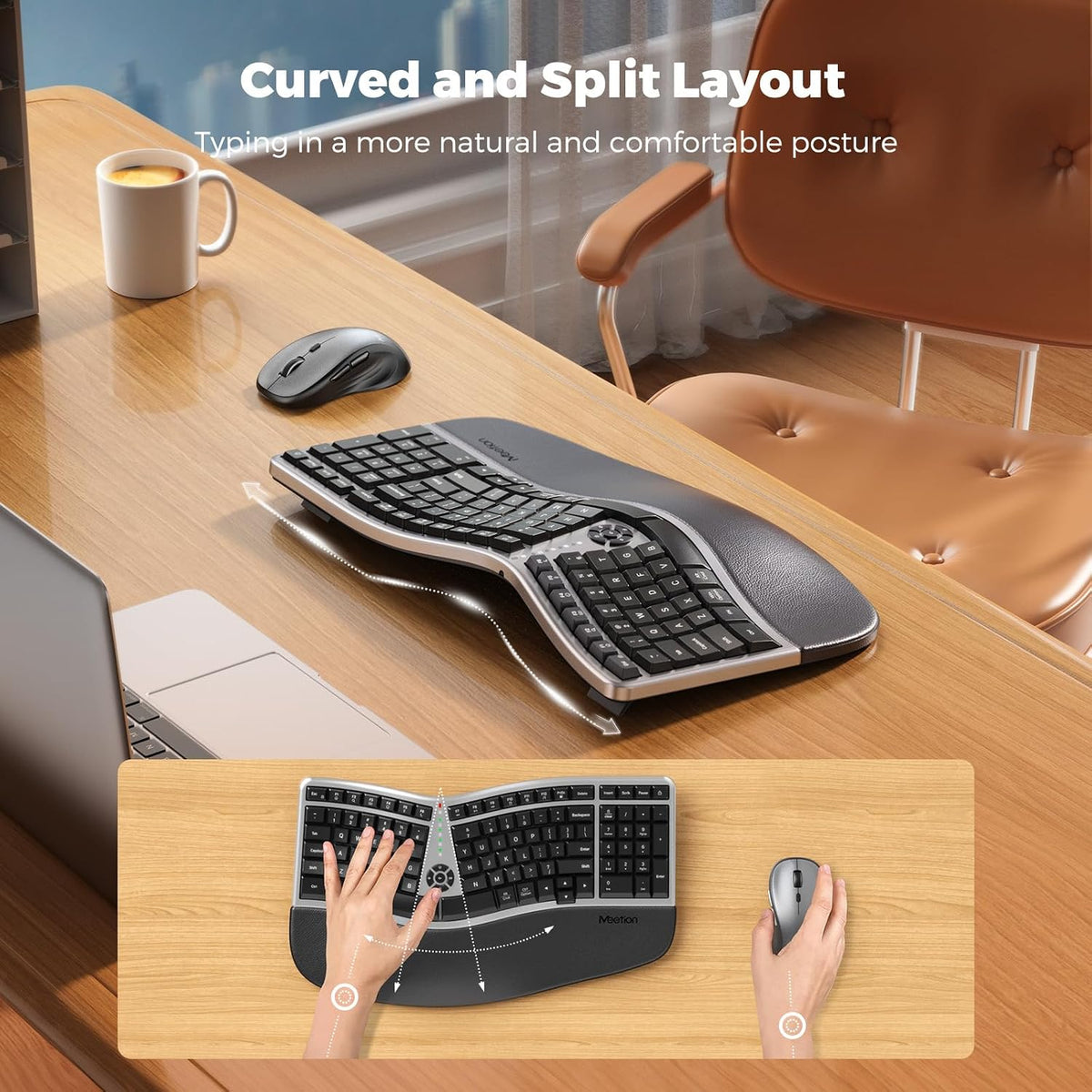 MEETION Ergonomic Wireless Keyboard and Mouse with Leather Palm Rest, Black