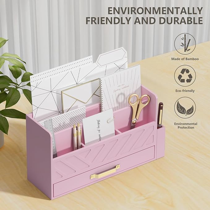 WISUCART Bamboo Desk Organizer Mail Holder Countertop Wood Desk Drawer Tabletop - Image 6