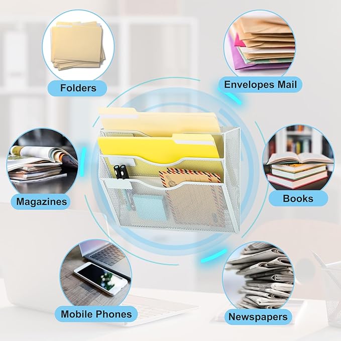 EASEPRES Magnetic 3 Pocket Mesh Hanging Wall File Organizer, Wall Mounted Mail - Image 4