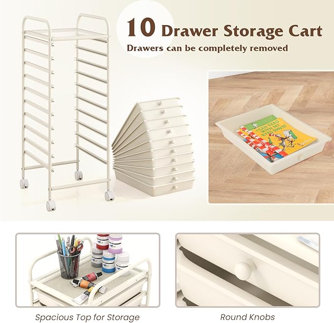 Giantex 10-Drawer Storage Cart w/Universal Wheel, Rolling Cart w/Handle - Image 5